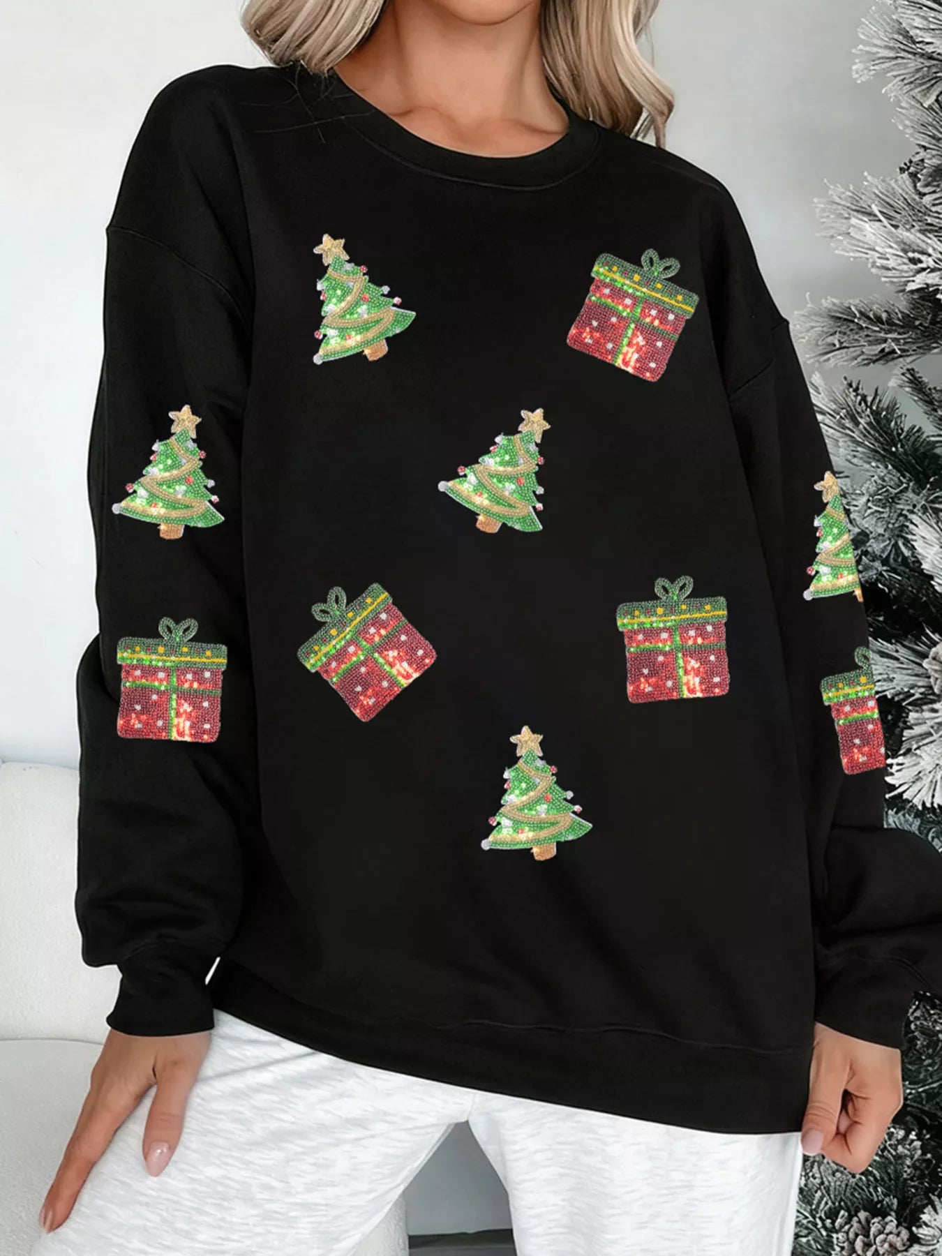 Sequin Christmas Trees Gifts Patched Drop Shoulder Sweatshirt OutfitFlow