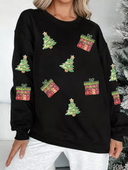 Sequin Christmas Trees Gifts Patched Drop Shoulder Sweatshirt OutfitFlow