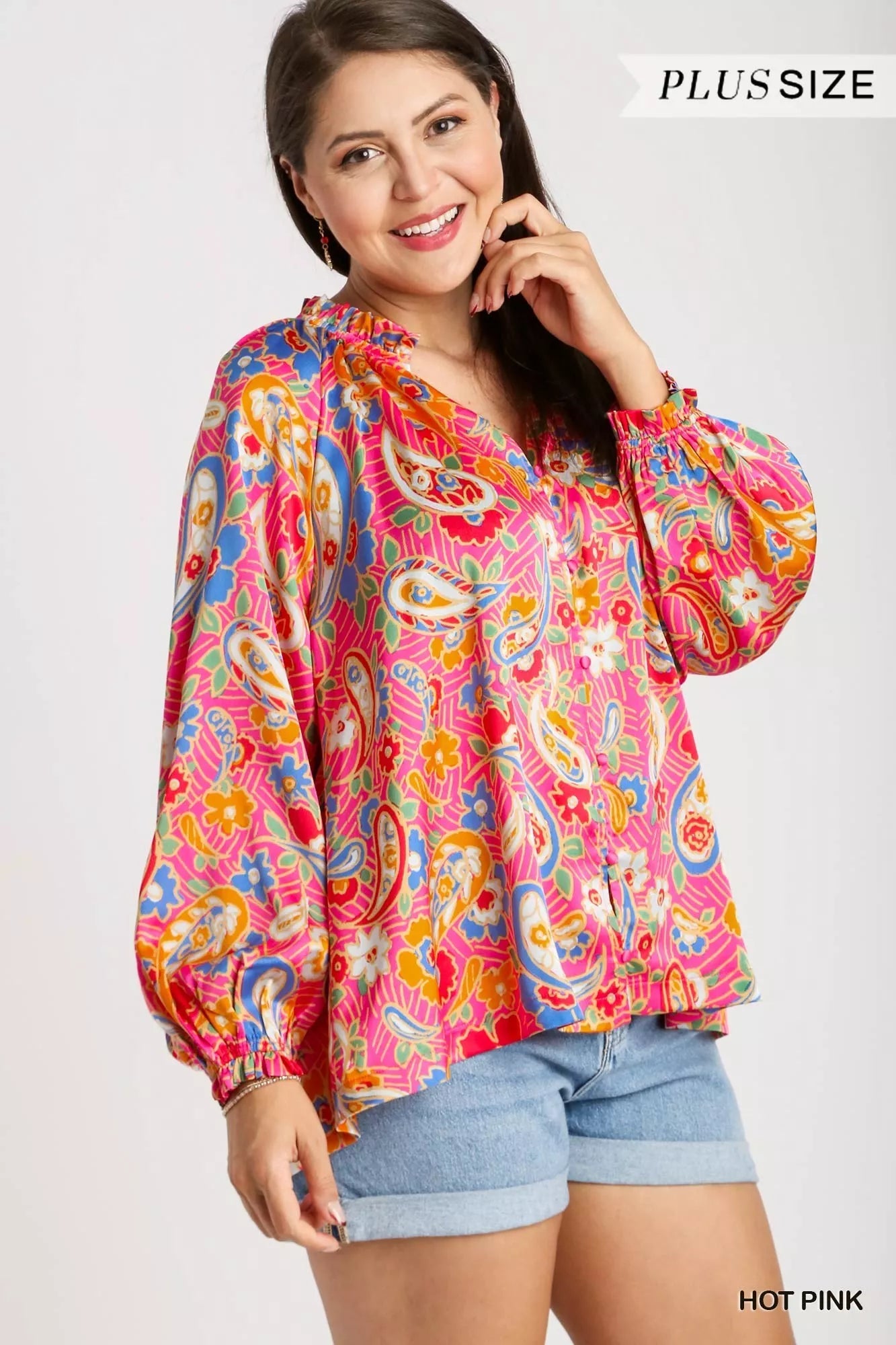 Umgee Full Size Satin Paisley Ruffle Neck Button-Up Shirt Plus Size Trendsi