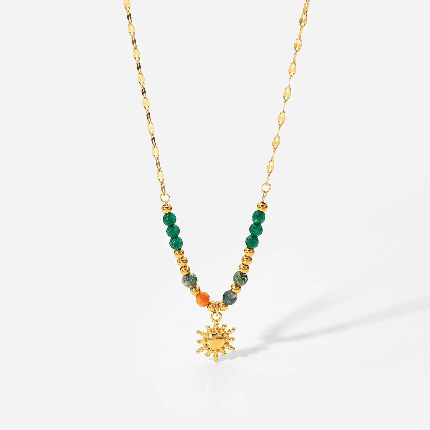 Bohemian Sun Charm Beaded Stainless Steel Necklace Gold One Size OutfitFlow