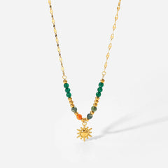 Bohemian Sun Charm Beaded Stainless Steel Necklace Gold One Size OutfitFlow