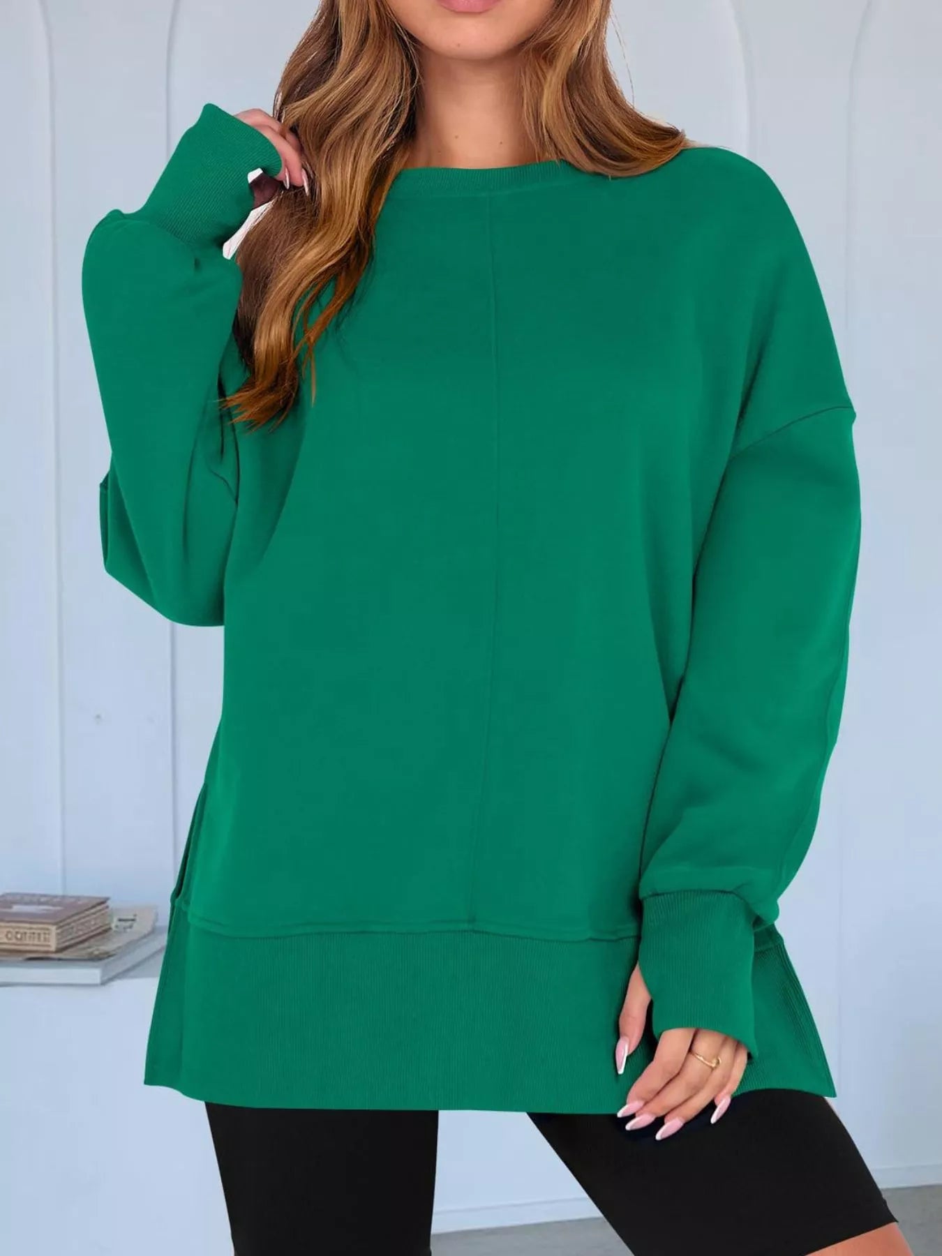 Side Slit Round Neck Long Sleeve Sweatshirt OutfitFlow