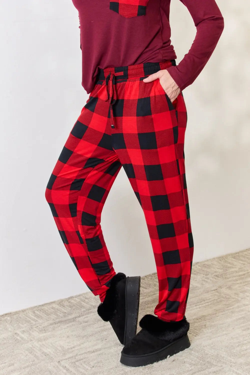 Zenana Full Size Plaid Round Neck Top and Pants Pajama Set OutfitFlow