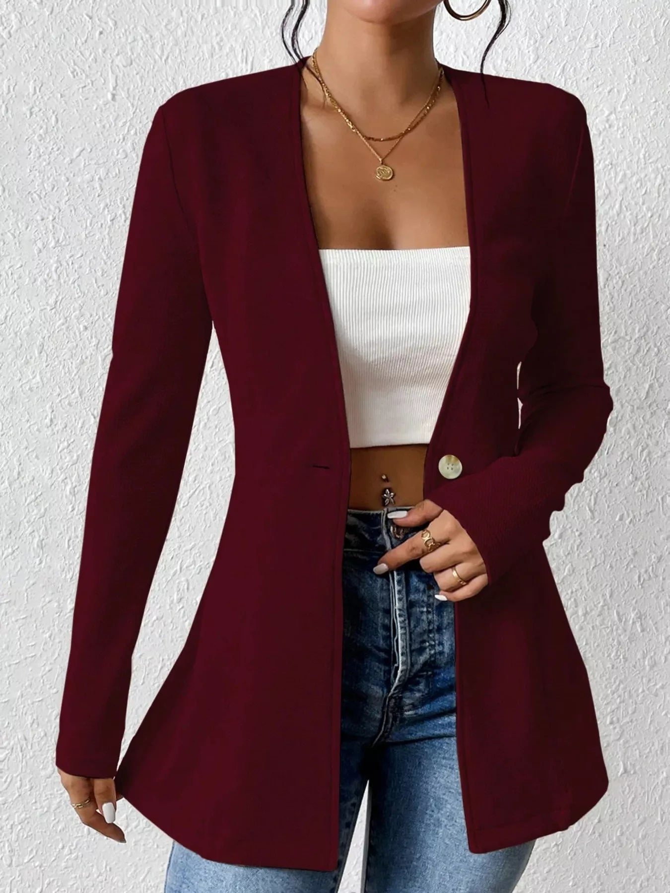 One Button Long Sleeve Blazer OutfitFlow