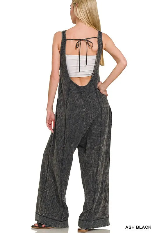 Zenana Double Gauze Washed Wide Leg Overalls OutfitFlow