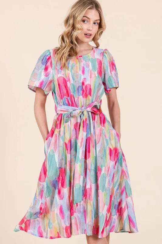 Lime 'N' Chili Watercolor Print Tie Front Midi Dress OutfitFlow