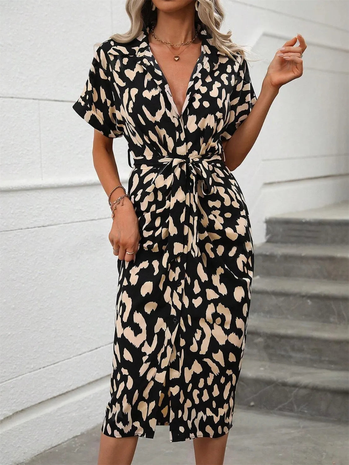 Short Sleeve Tie Waist Dress OutfitFlow