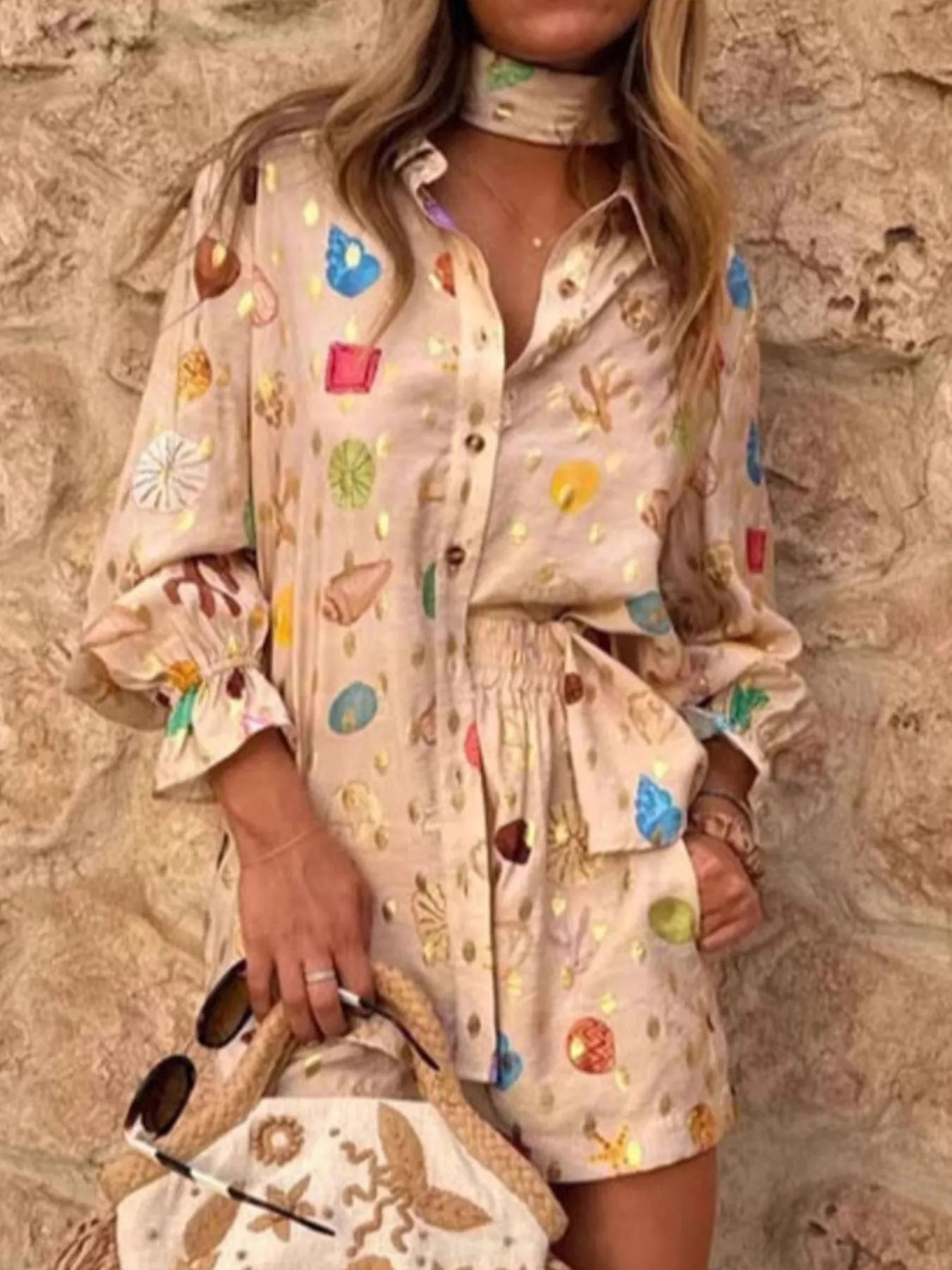 Colorful Print Shirt and Shorts Matching Set OutfitFlow
