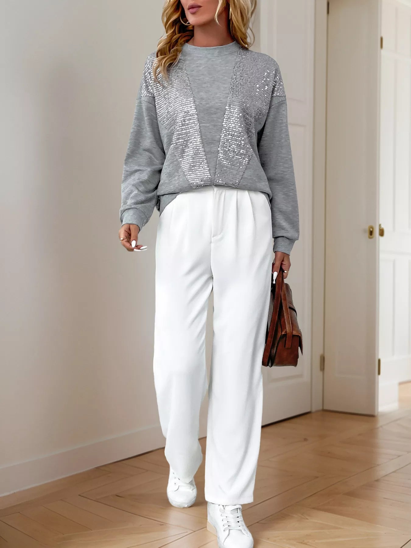 Sequin Round Neck Dropped Shoulder Sweatshirt OutfitFlow