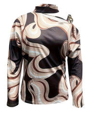 Cutout Abstract Print Mock Neck Blouse Chocolate OutfitFlow