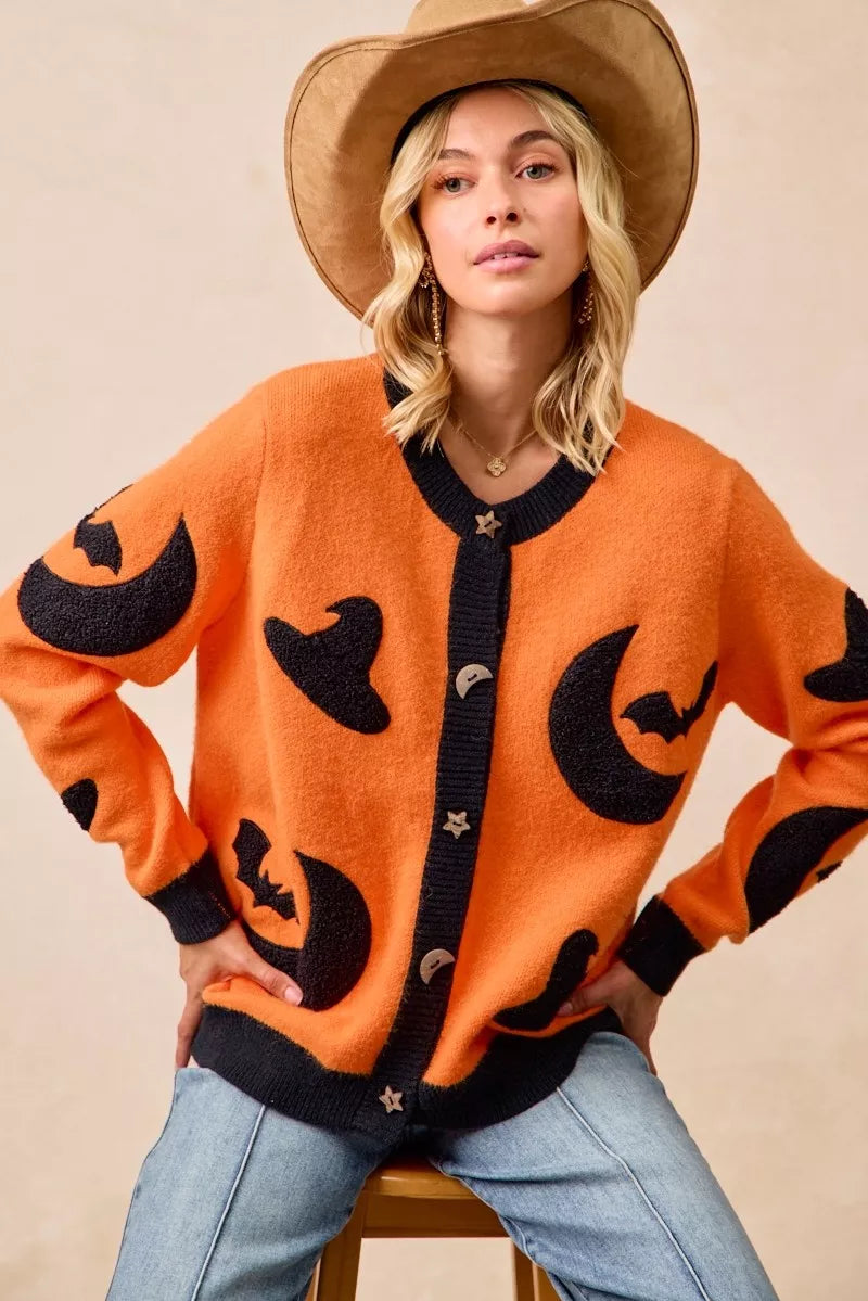 BiBi Halloween Witch Hat Moon Bat Artwork Cardigan Trendsi