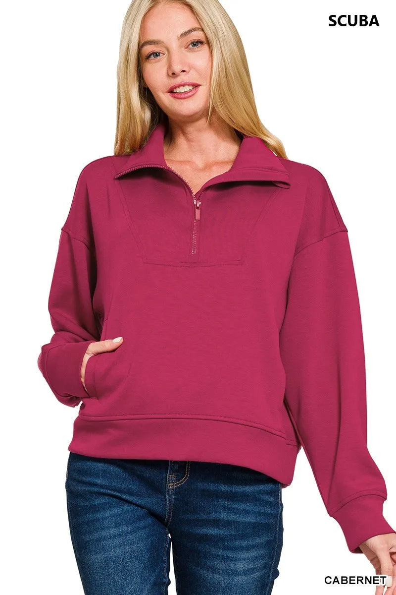 Zenana Scuba Half Zip Sweatshirt with Pockets Trendsi