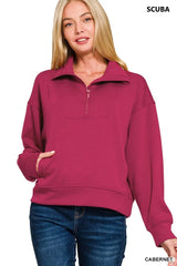 Zenana Scuba Half Zip Sweatshirt with Pockets Trendsi