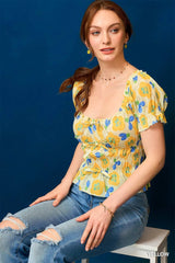 Umgee Floral Smocked Peplum Blouse Yellow OutfitFlow