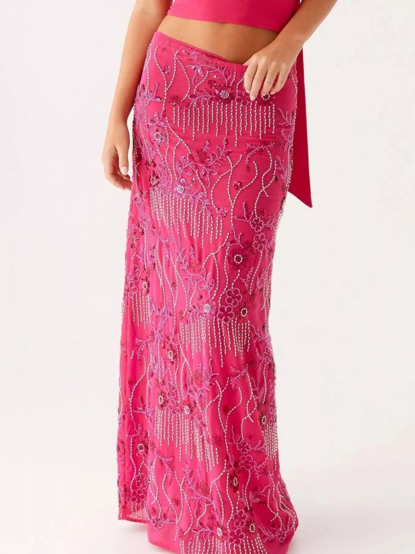 Embroidered Sequin Maxi Skirt Rose Red OutfitFlow