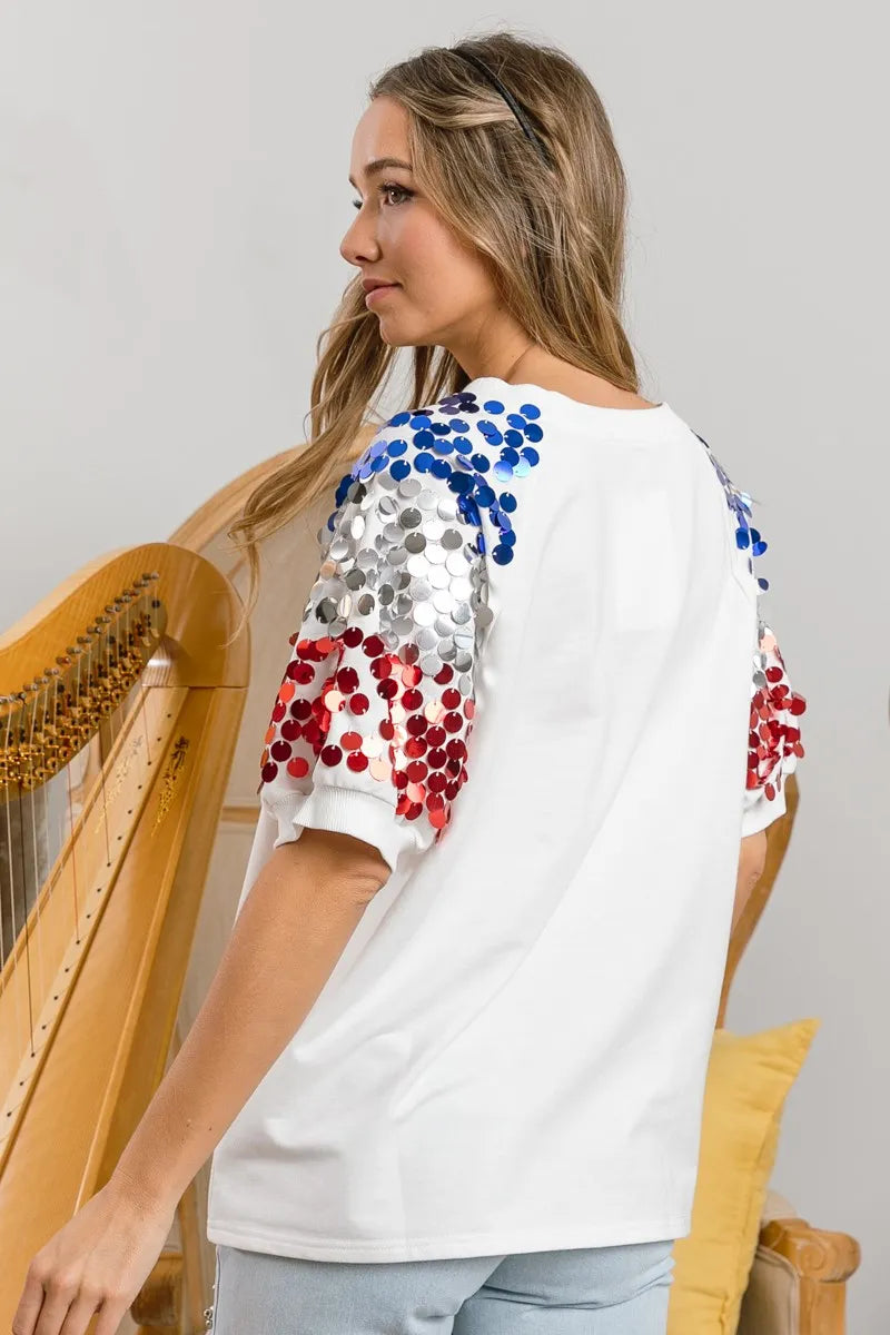 BiBi America Letter Applique Spangle Puff Sleeves Top OutfitFlow