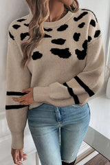 Leopard Round Neck Dropped Shoulder Sweater OutfitFlow