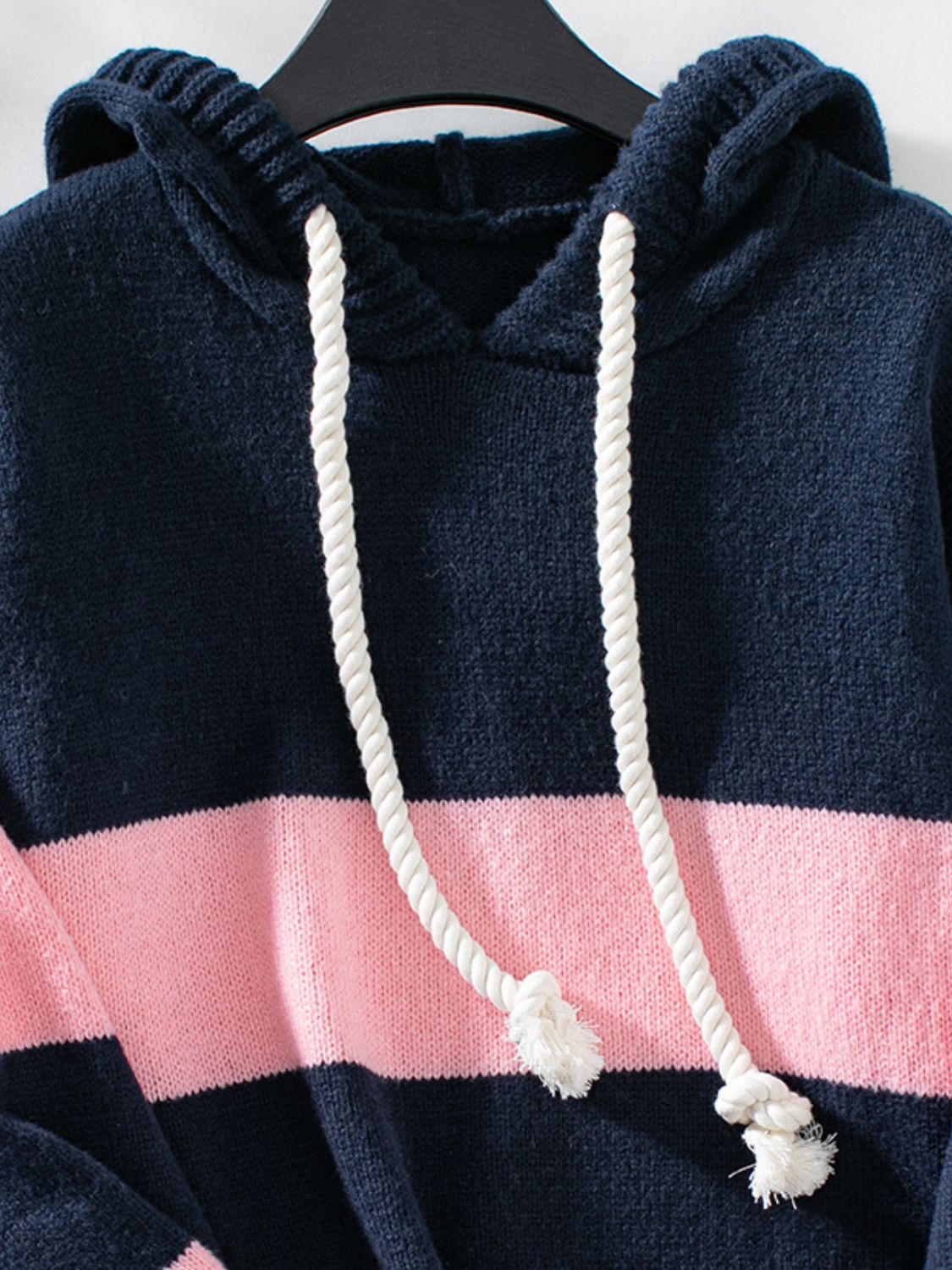 Outfit Flow - Drawstring Contrast Stripe Dropped Shoulder Hooded Sweater