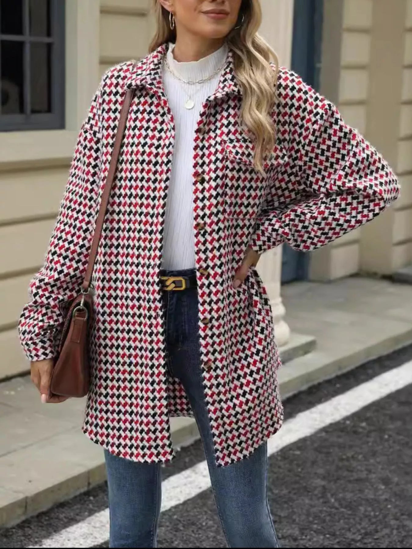 Houndstooth Button Up Long Sleeve Coat Trendsi
