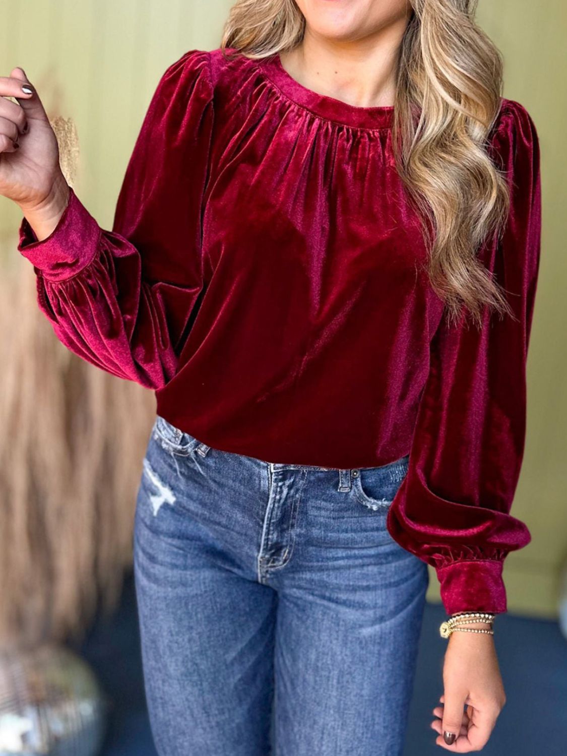 Outfit Flow - Ruched Round Neck Long Sleeve Blouse