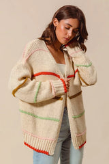 SO ME Loose Fit Multi Stripe Open Front Cardigan Trendsi
