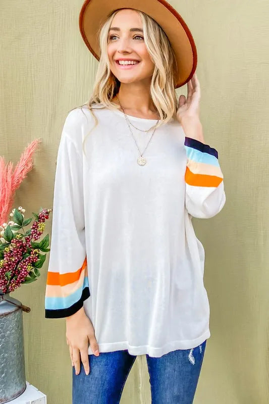 And The Why Color Stripe Sleeve Sweater Top OutfitFlow
