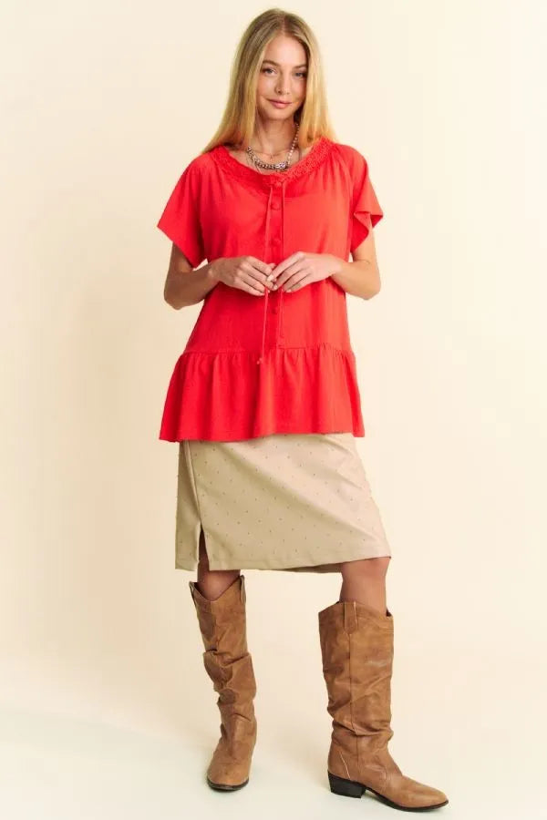 Davi & Dani Solid Lace Trim Neck Short Sleeve Peplum Top OutfitFlow