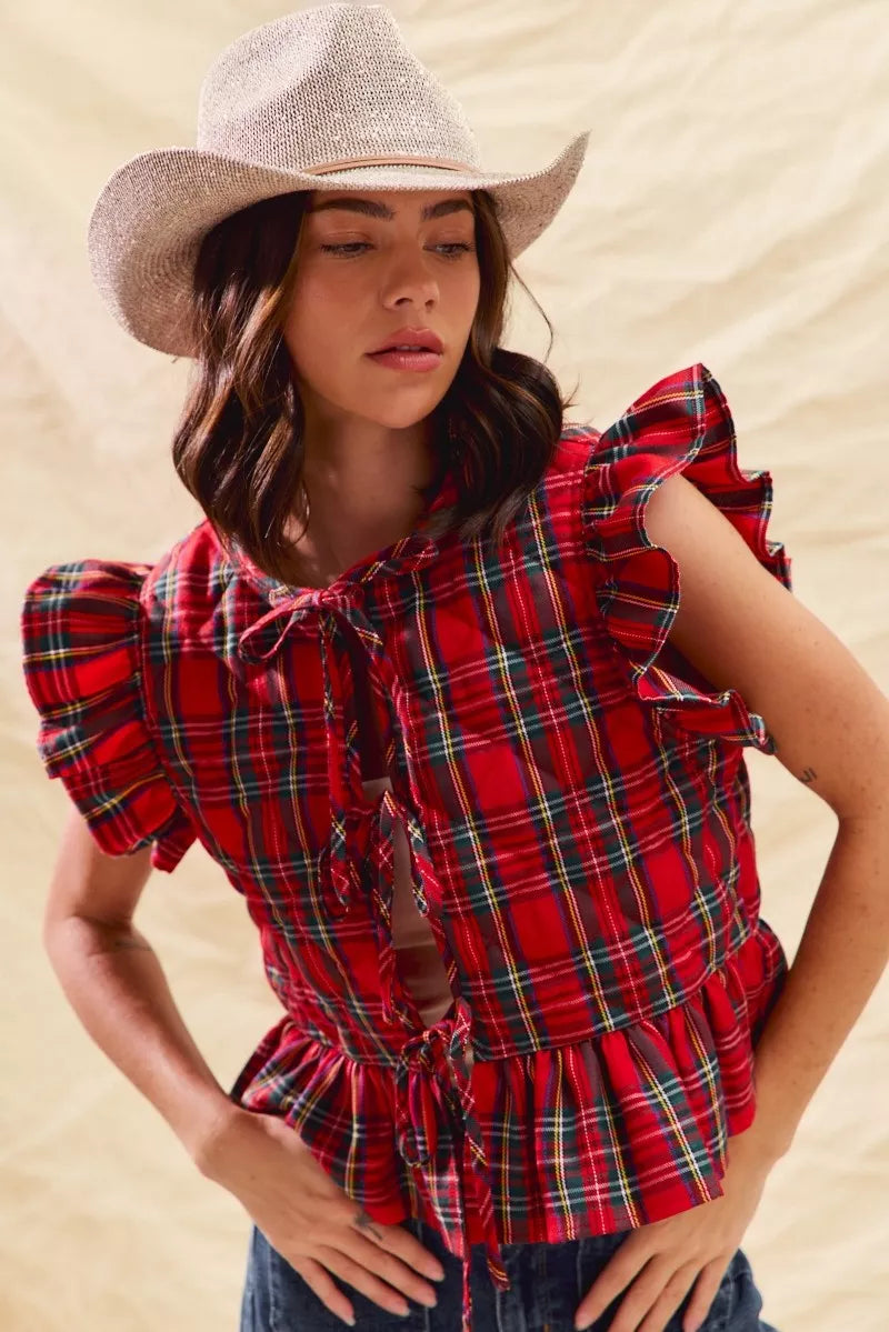 SO ME Christmas Holiday Plaid Ruffled Quilt Vest Top Trendsi