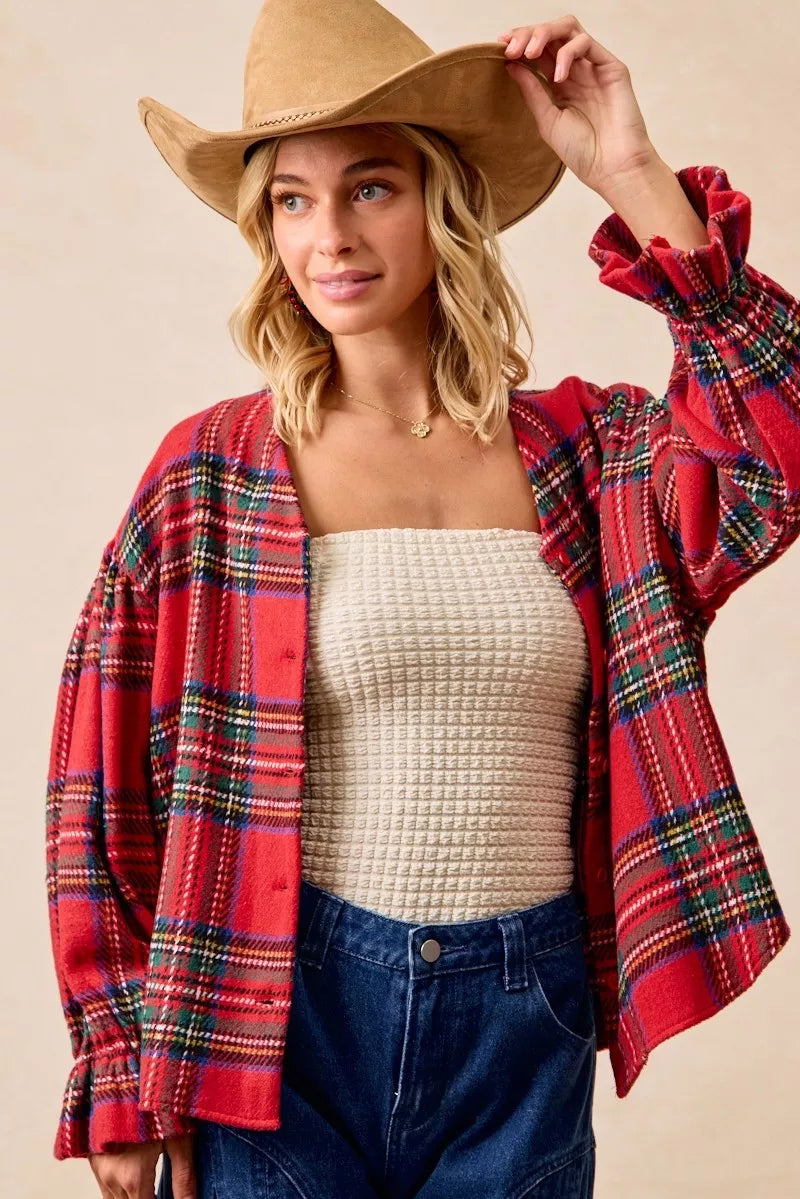 BiBi Christmas Plaid V-Neck Flounce Sleeve Jacket Trendsi