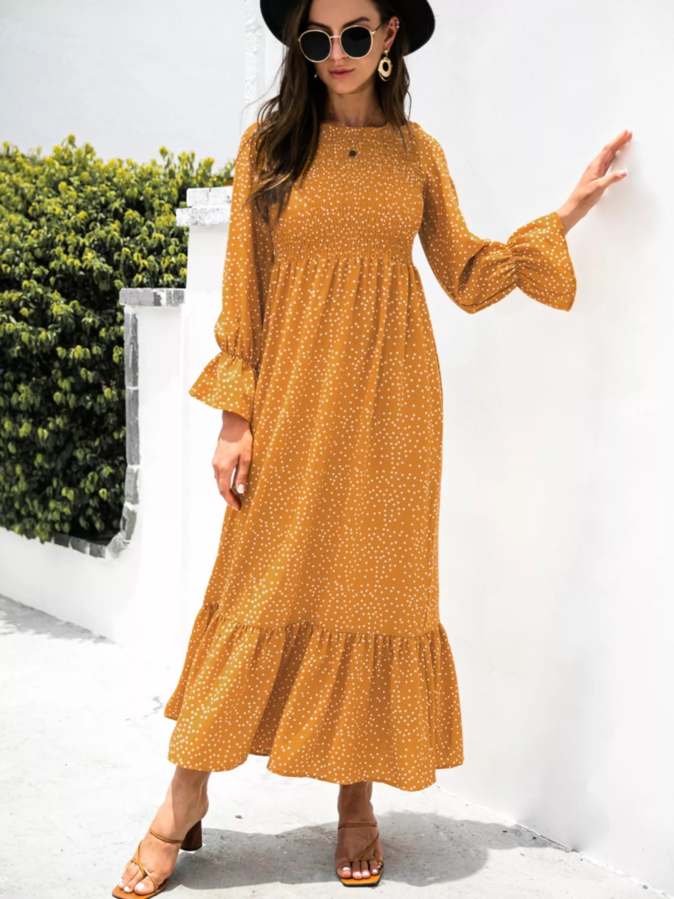 Ruffled Printed Long Sleeve Maxi Dress Mustard OutfitFlow