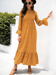 Ruffled Printed Long Sleeve Maxi Dress Mustard OutfitFlow
