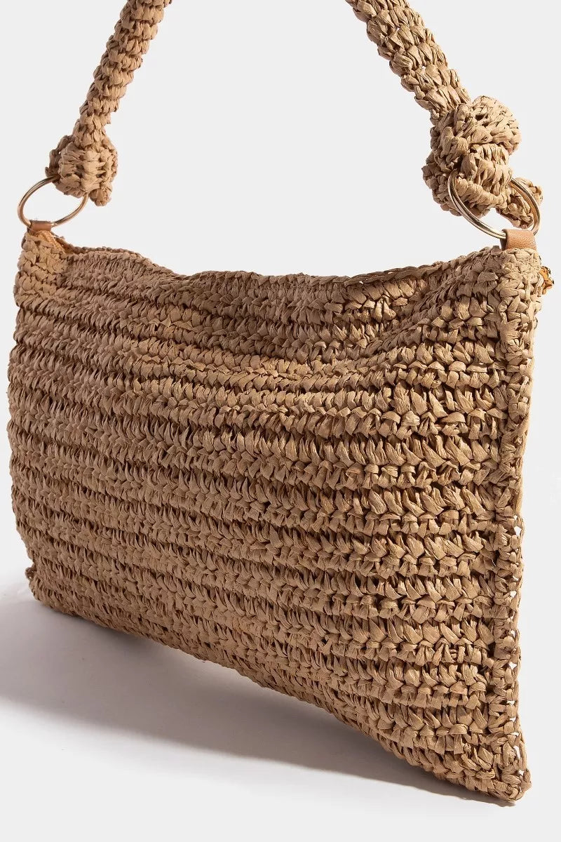 Fame Braided Handle Rectangular Straw Hand Bag OutfitFlow