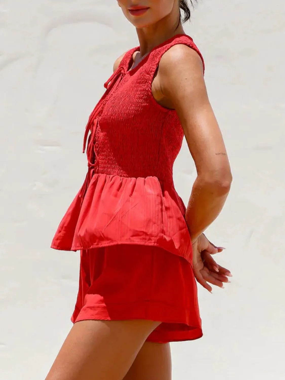 Tied Front Smocked Top and Shorts Set OutfitFlow