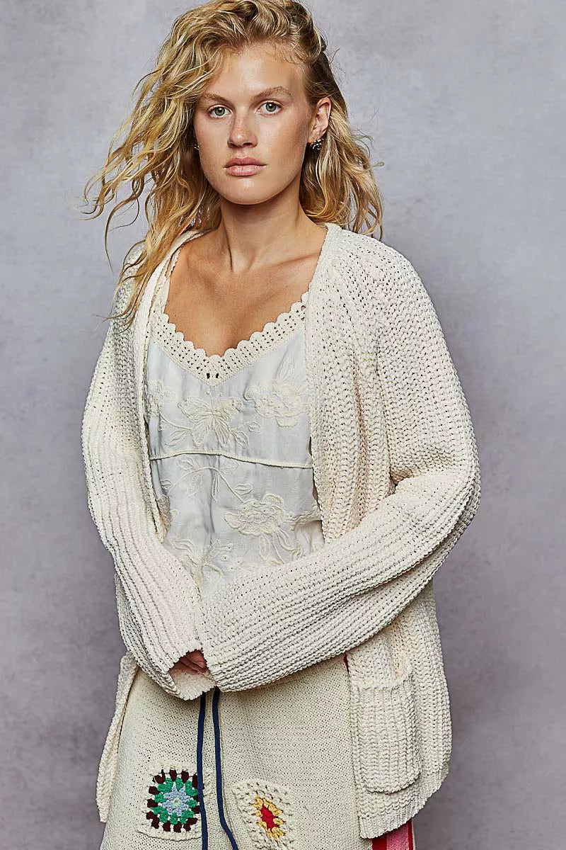 POL Open Front Knit Cardigan with Front Pocket OutfitFlow