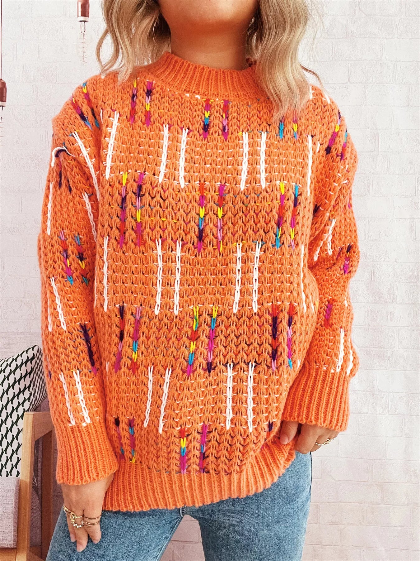 Colorful Round Neck Long Sleeve Sweater Orange One Size OutfitFlow
