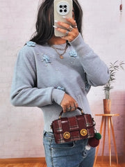 Flower Pearl Detail Ribbed Hem Sweater OutfitFlow