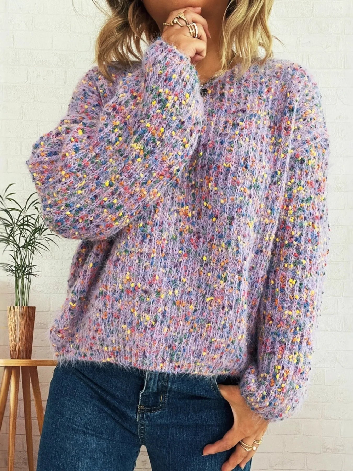 Colorful Long Sleeve Sweater Purple One Size Trendsi