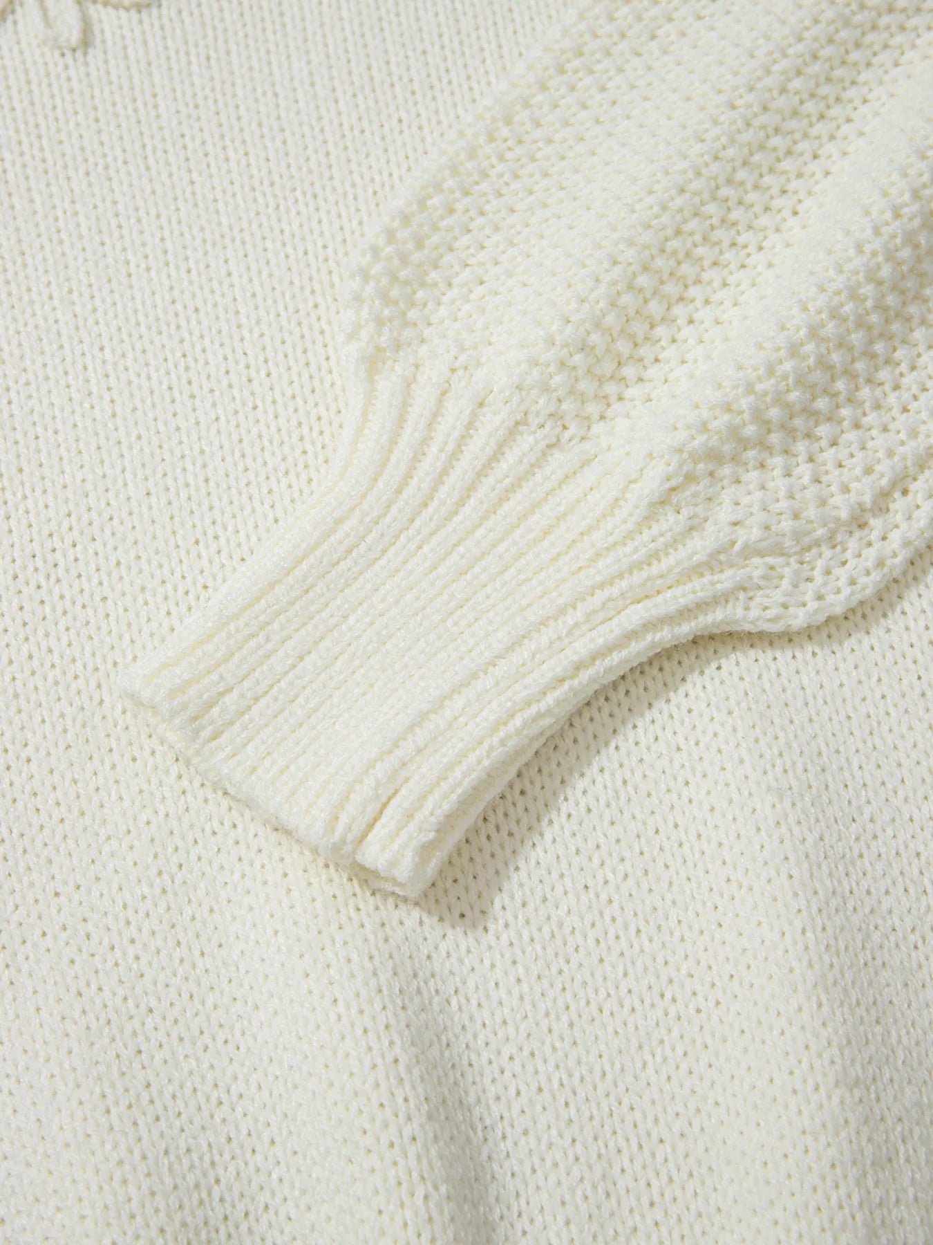 Flower Detail Round Neck Contrast Textured Puff Sleeve Sweater OutfitFlow