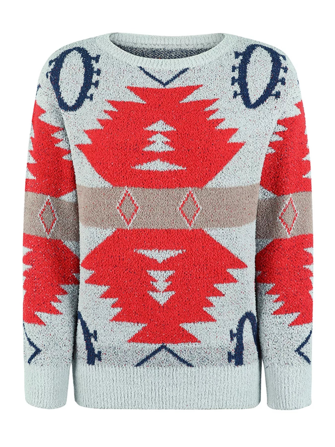 Geometric Round Neck Long Sleeve Sweater OutfitFlow