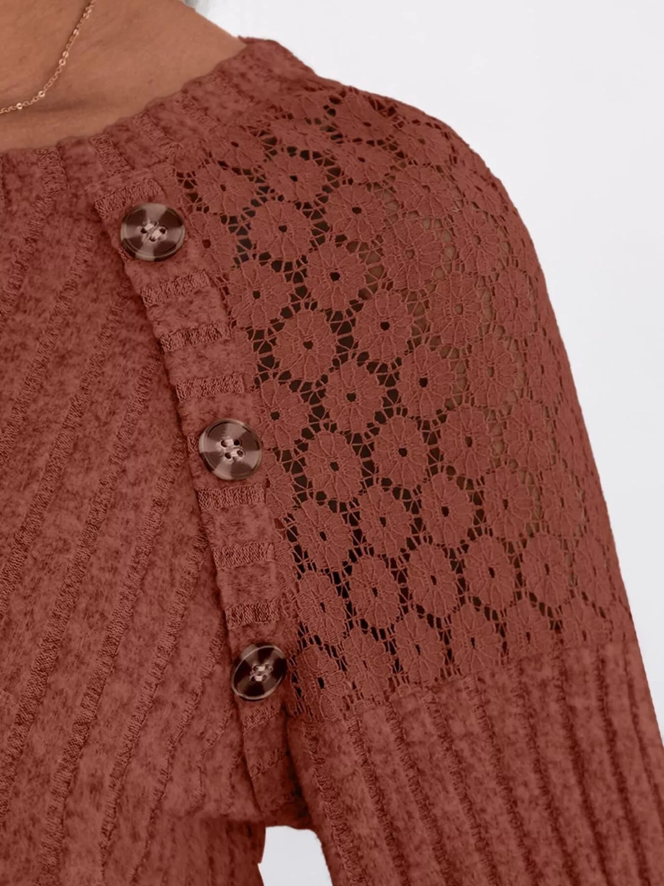 Ribbed Knit T-Shirt with Lace Shoulder Detail OutfitFlow