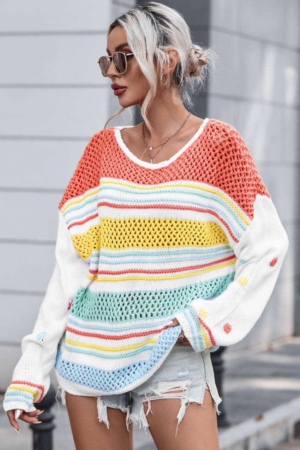 Outfit Flow - Hollow Striped Color Block Round Neck Sweater