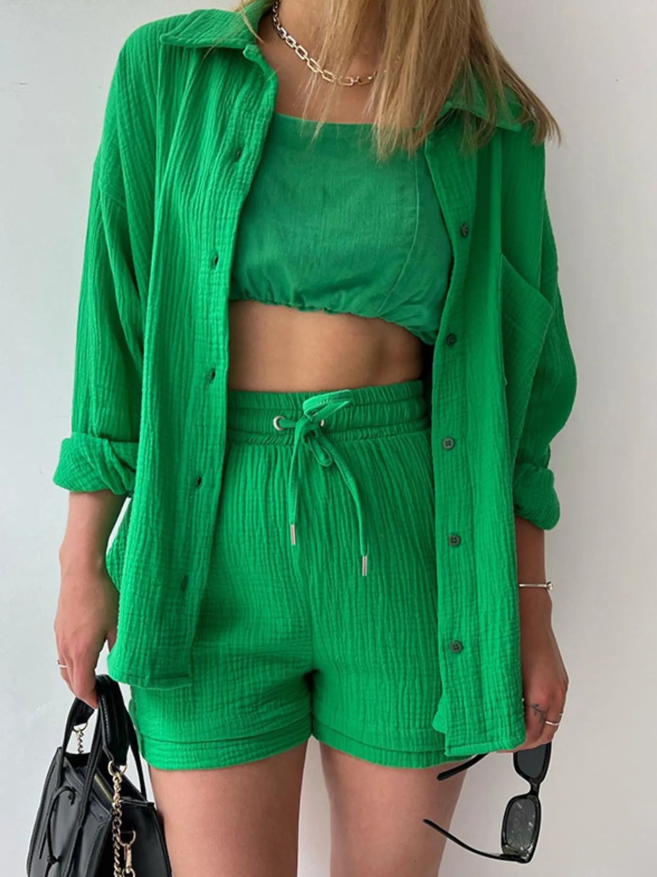 Textured Button Up Shirt and Shorts Set OutfitFlow