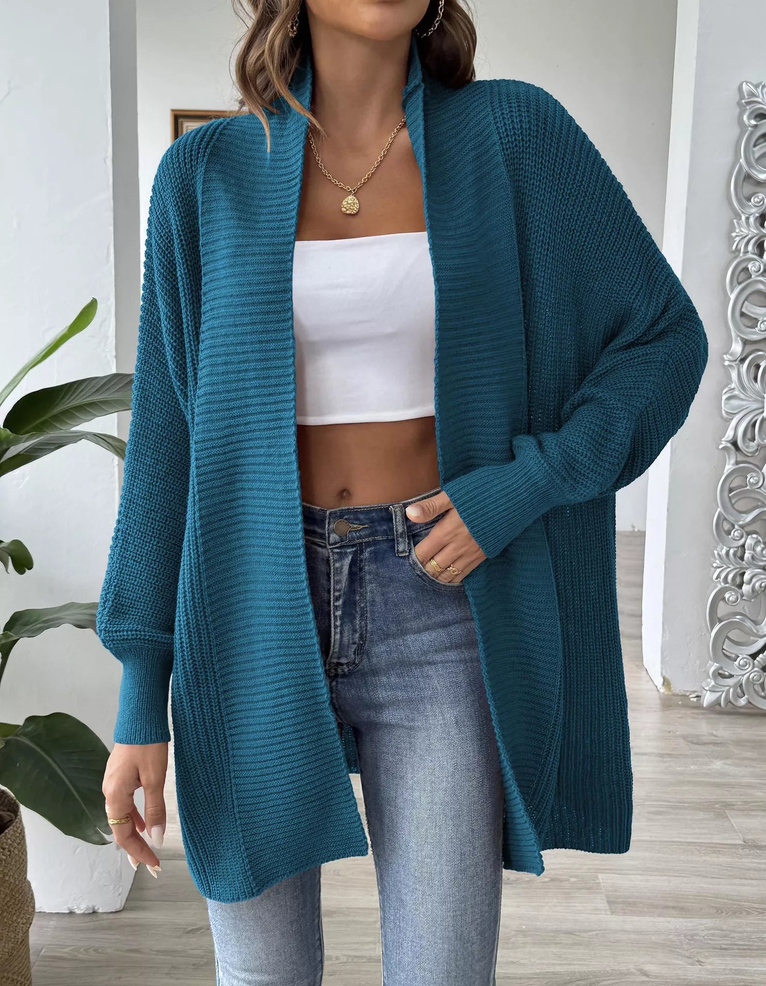 Open Front Ribbed Knit Cardigan OutfitFlow