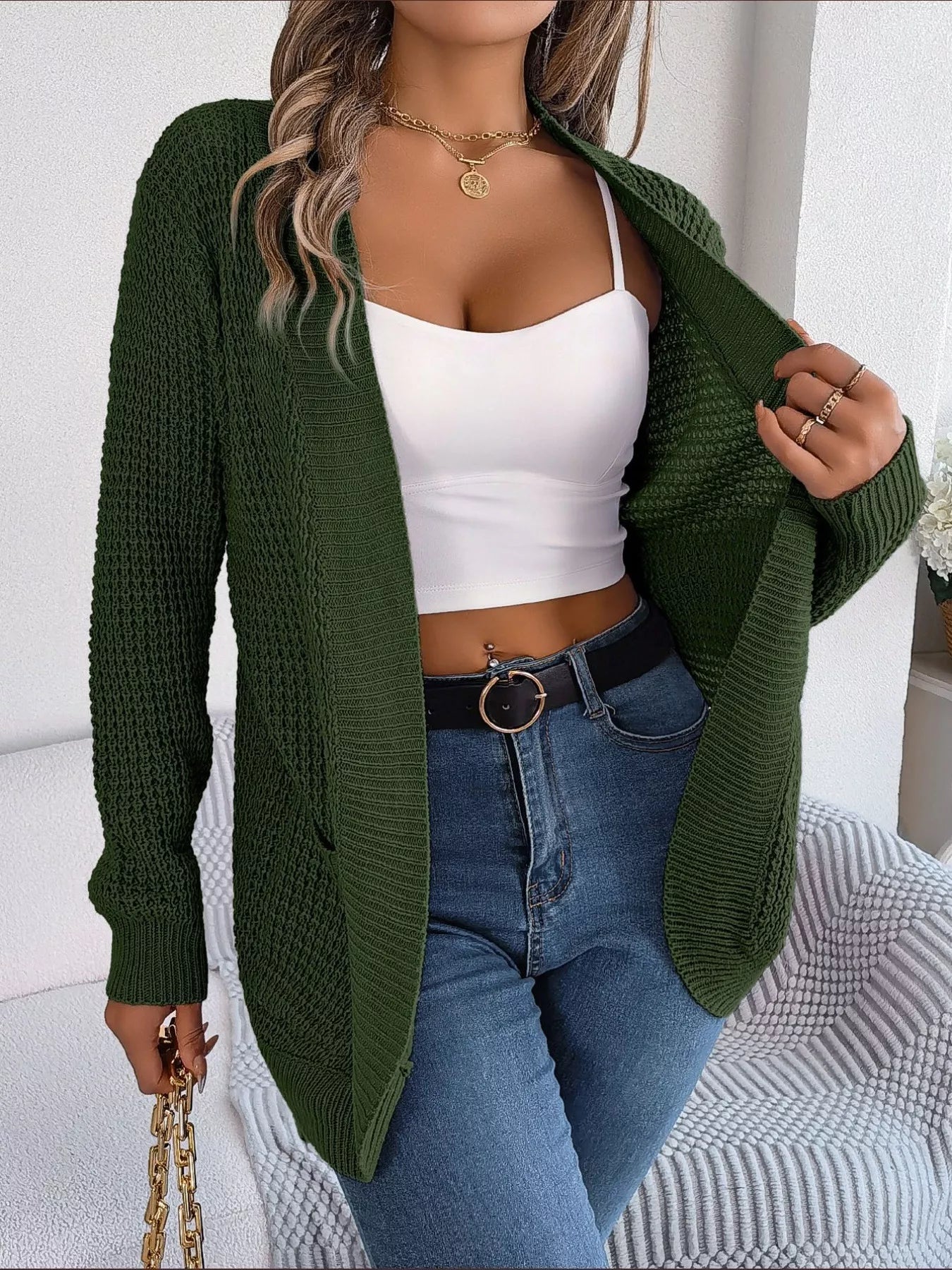 Chunky Knit Open Front Cardigan with Pockets OutfitFlow