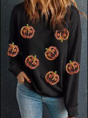 Halloween Sequin Round Neck Long Sleeve Sweatshirt Black OutfitFlow