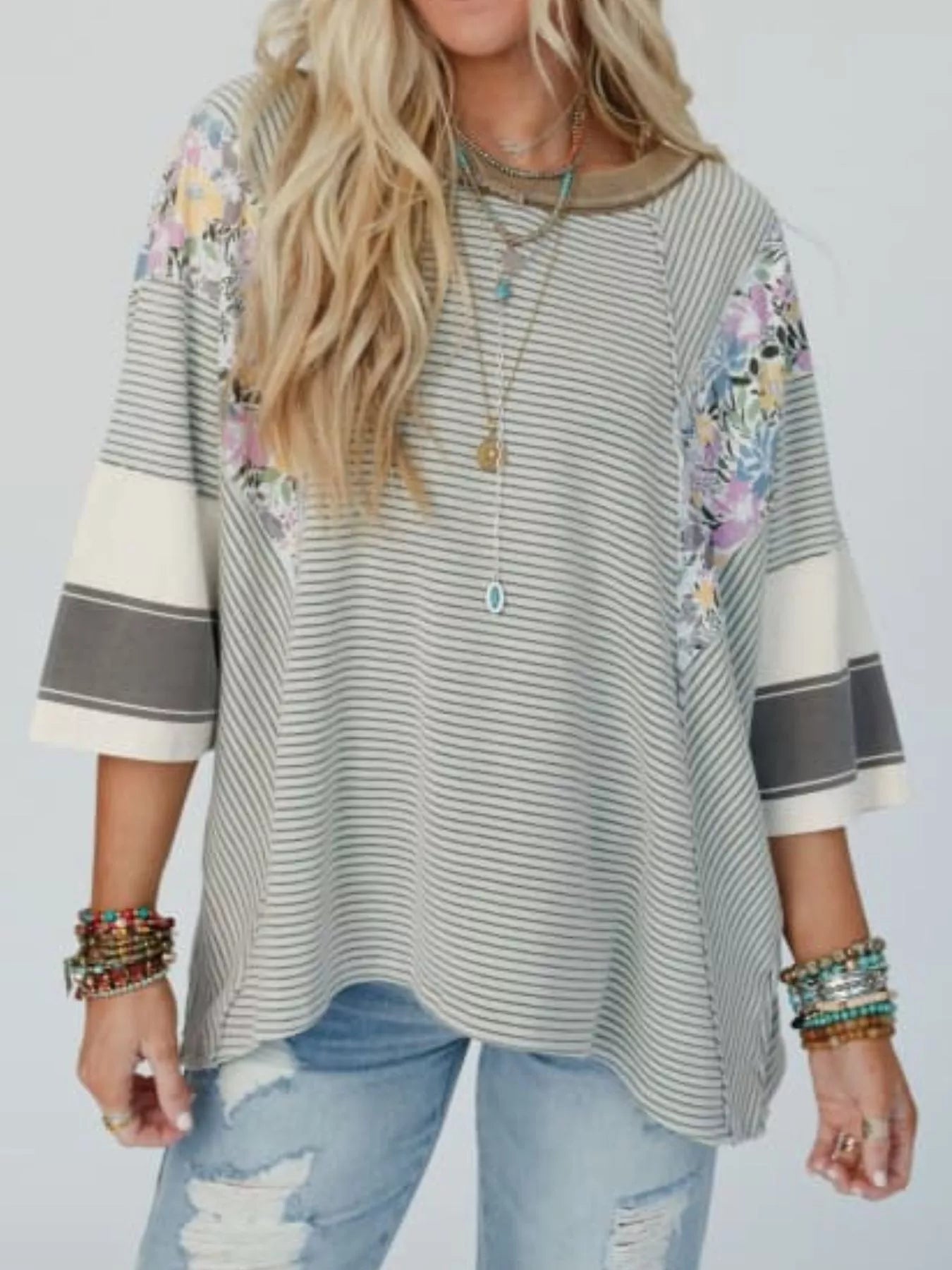 Striped Floral Long Sleeve T-Shirt OutfitFlow