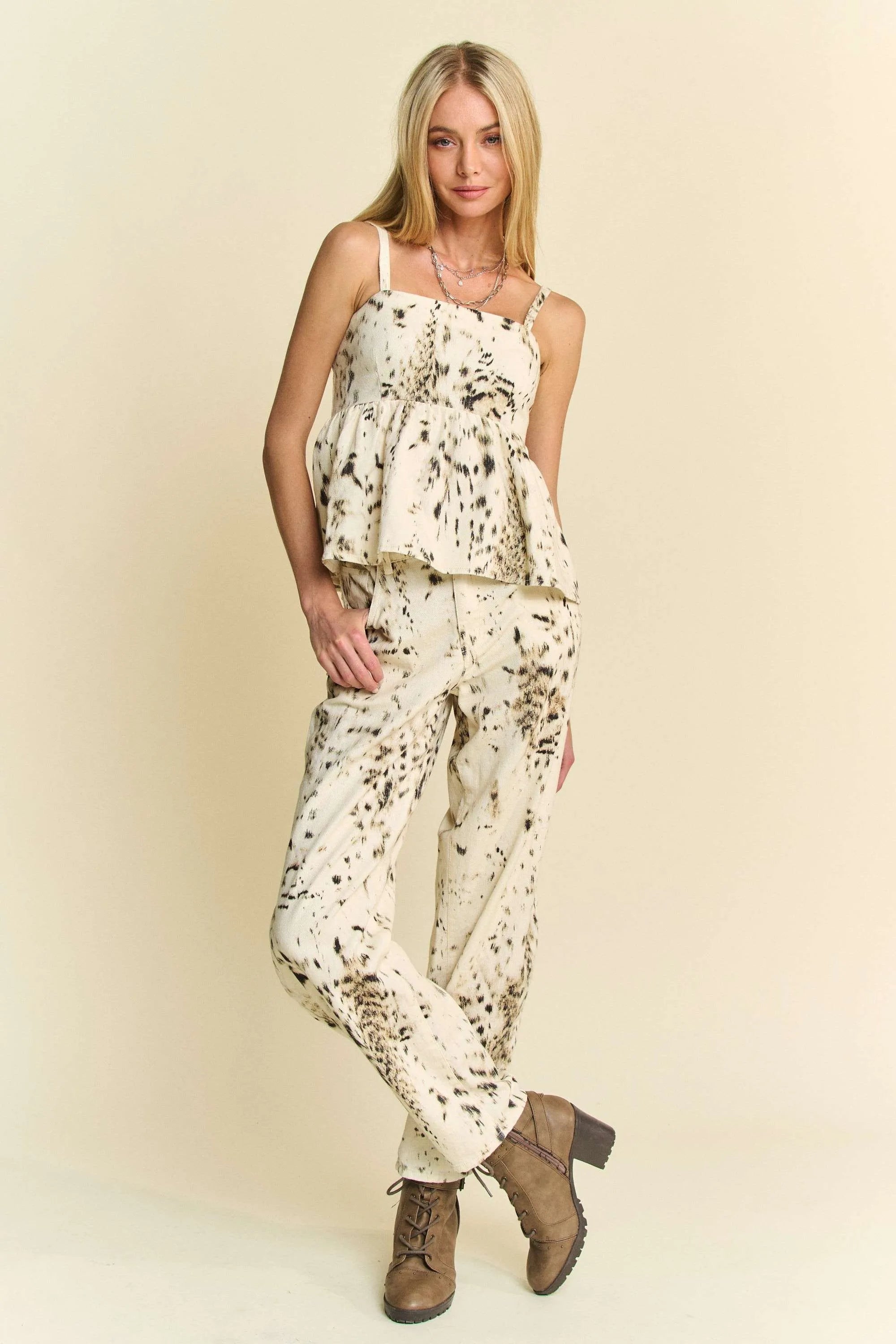 Davi & Dani Abstract Tie Dye Dot Lace Detail Barrel Pants OutfitFlow
