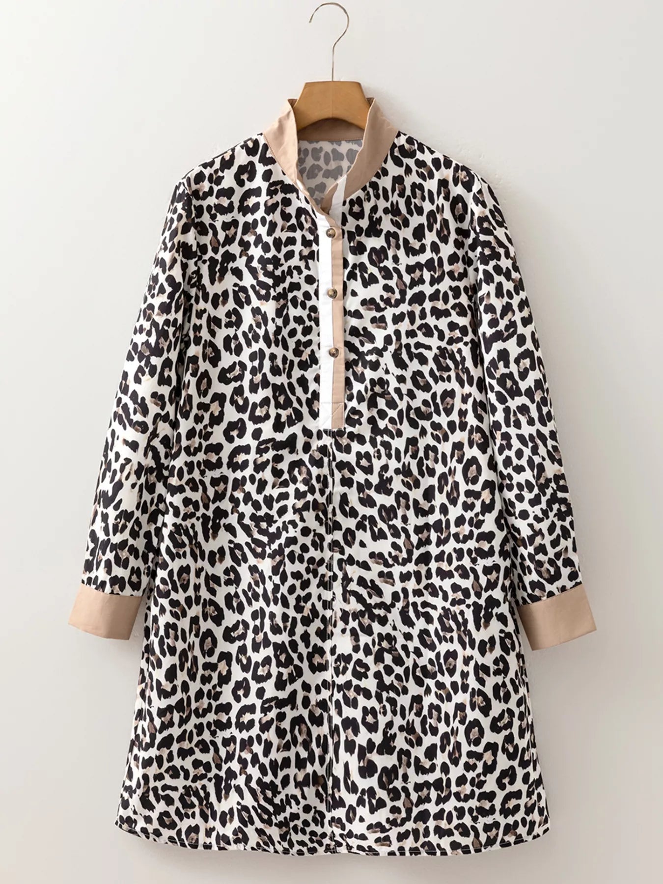 Striped Collar Leopard Print Long Sleeve Flared Dress OutfitFlow