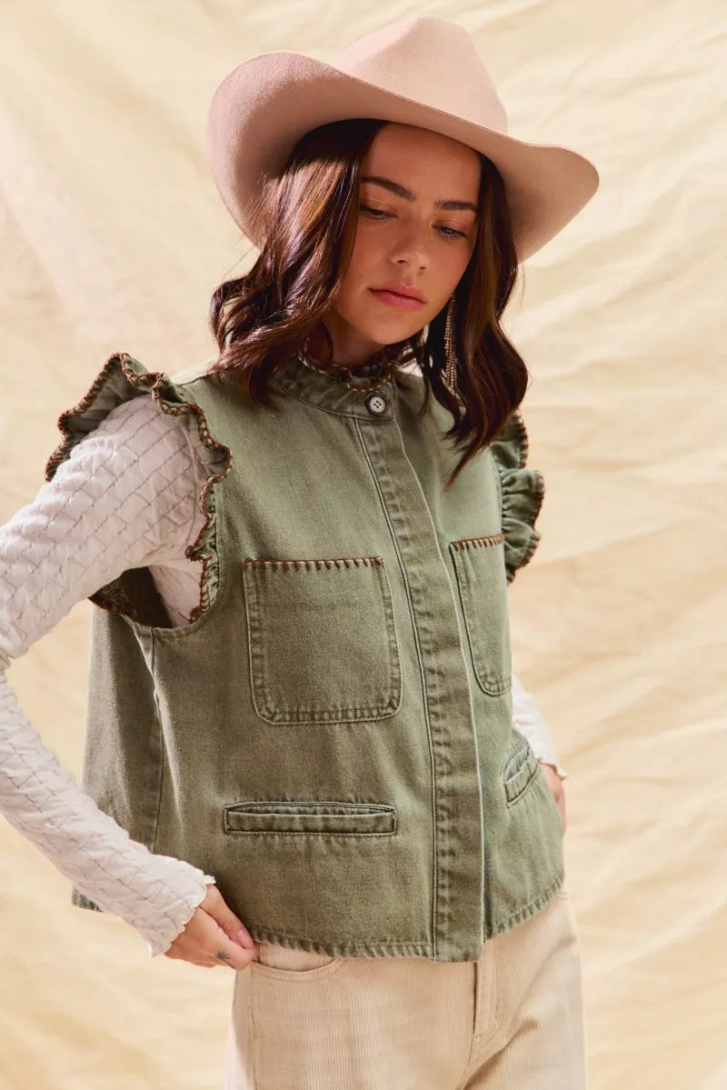 SO ME Washed Denim Stitch Ruffled Hidden Button Vest Top OutfitFlow