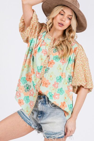 Button Down Bubble Sleeves Shirt OutfitFlow